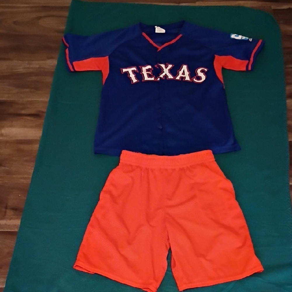 Texas Rangers Kids Blue and Orange Shirt with jersey shorts